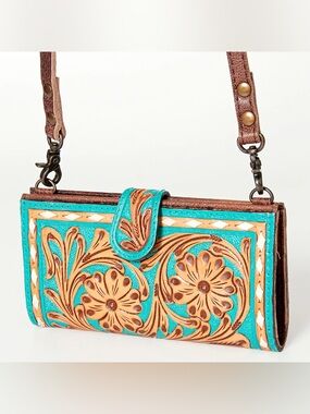 American Darling Turquoise and Tan Tooled Leather Clutch Wristlet